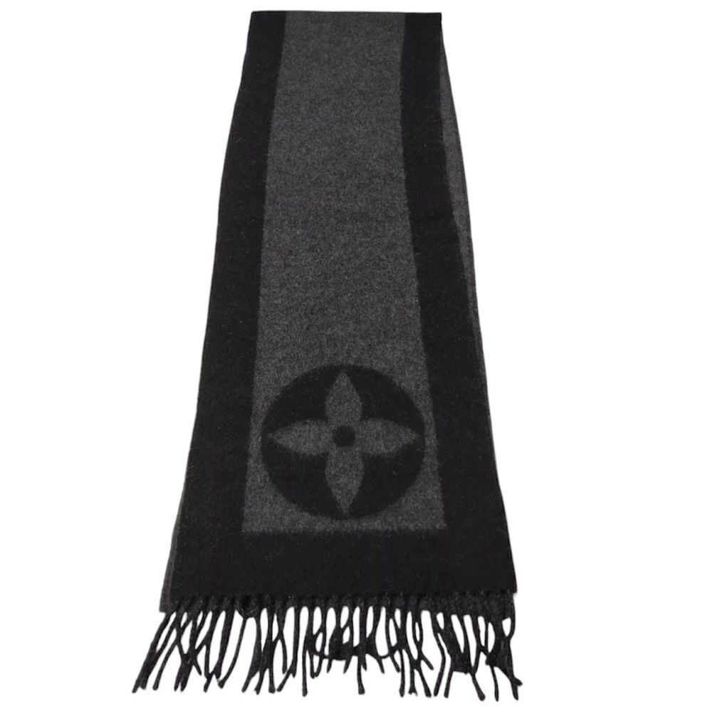 Authentic Louis Vuitton Gray Black Cashmere LV Monogram Baroda Scarf Stole Wrap
